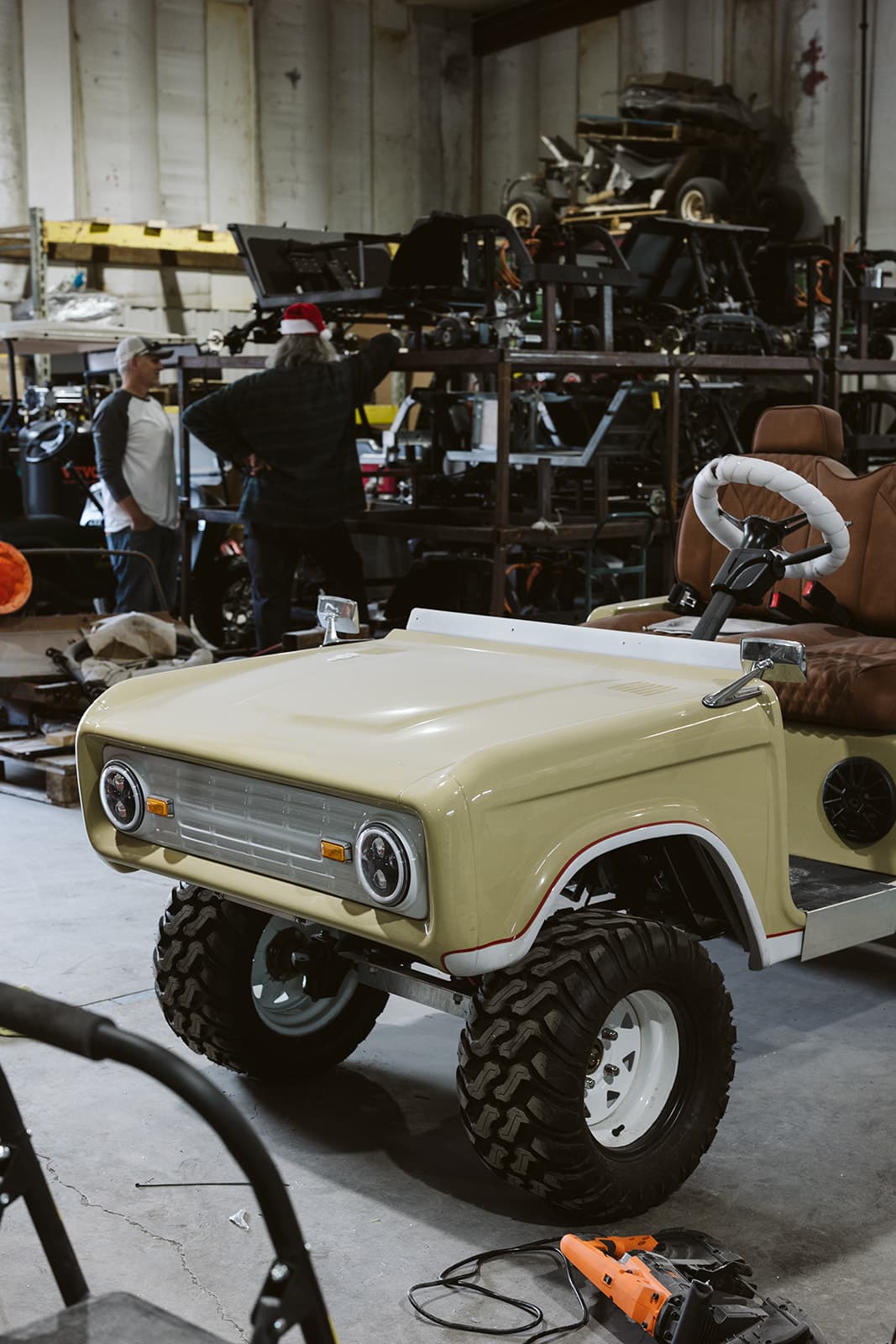 Cream Retro Ride in progress, shop interior