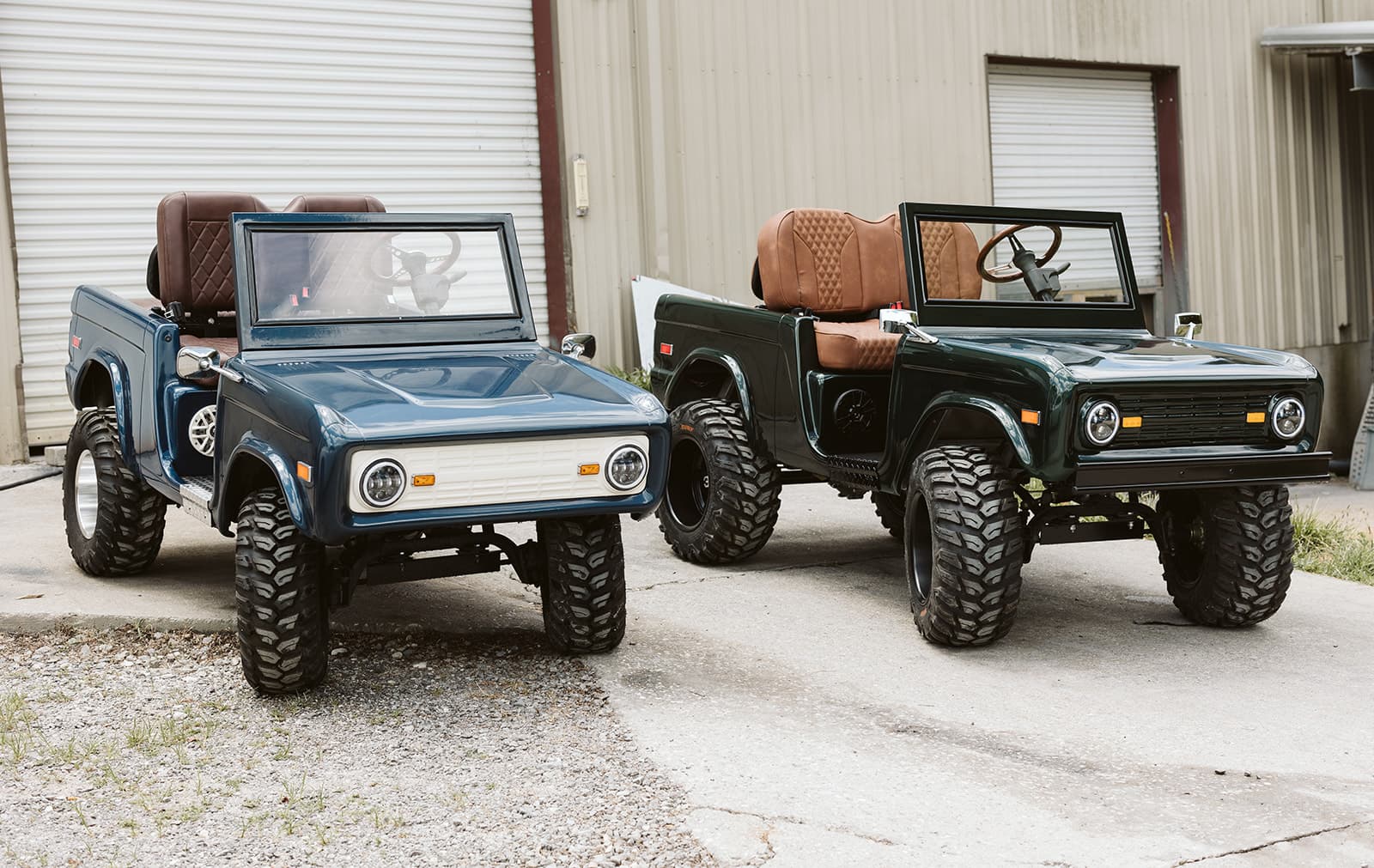 Two Retro Rides side by side outside the Golfin' Garage shop